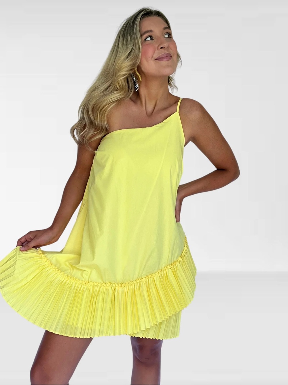 Bright Yellow Pleated-Hem Spaghetti Strap Dress